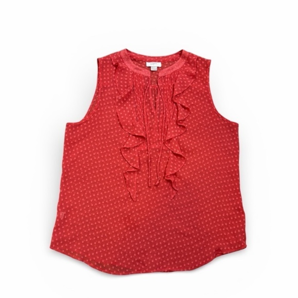 Ann Taylor LOFT sleeveless Top Large coral red orange sheer polka dot ruffle